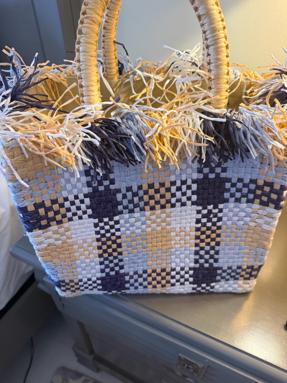 Pamela  Munson Woven Fringe Tote Bag in Navy, Cream & Tan NW